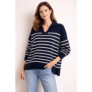 La Ligne Navy Stripe Collared V-Neck Sweater Cotton Cashmere Small Nautical